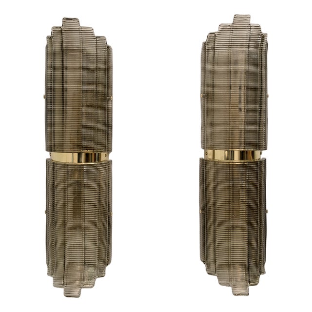 Modern Brass and Textured Murano Glass Wall Lights, Italy, 2000, Set of 2 For Sale