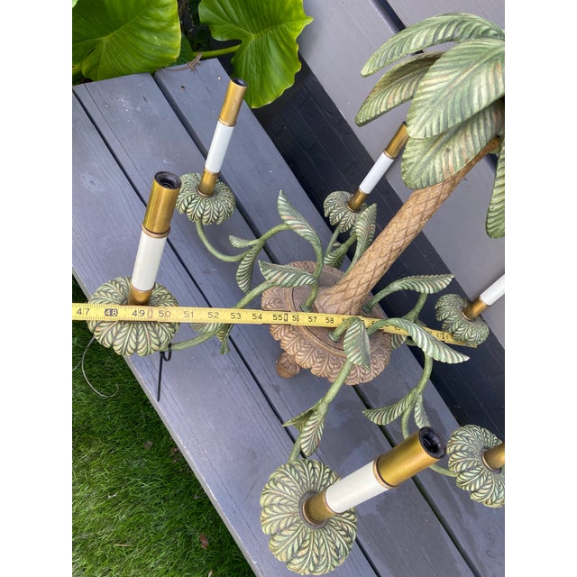Metal Vintage Tole Metal Palm Beach Tropical Hollywood Regency-Style Tole Palm Tree Chandelier Featuring Green-Painted Metal Fronds and Faux-Candle Arms For Sale - Image 7 of 12