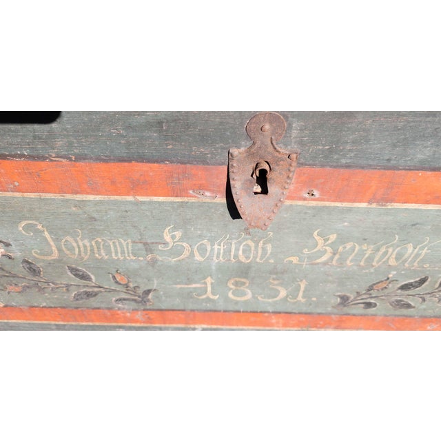 American 19th Century German Paint Decorated Blanket Chest or Coffee Table Dated 1831 For Sale - Image 3 of 18