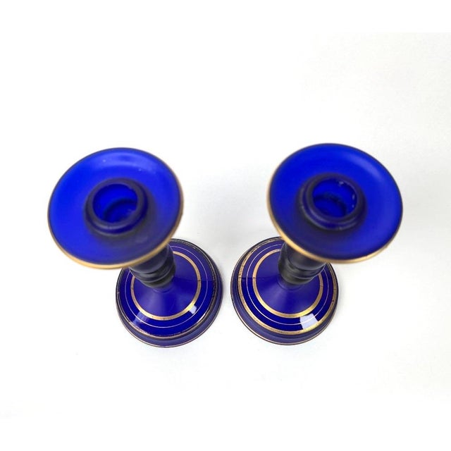 Art Deco 1930s Art Deco Cobalt Blue Satin Glass Candlesticks & Centerpiece Bowl Set For Sale - Image 3 of 8