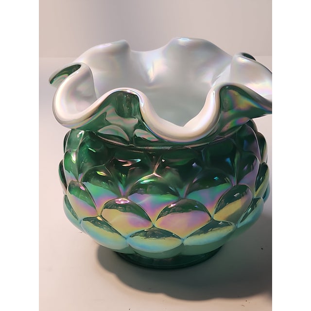 Contemporary Artichoke Vintage Fenton Jacqueline Opalescent Cased Glass Green Vase Bowl For Sale - Image 3 of 10