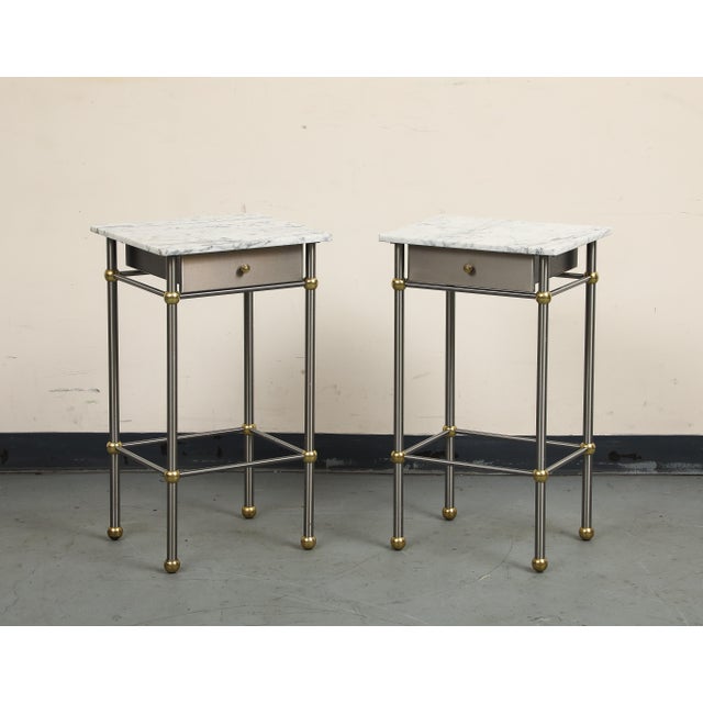 Late 20th Century Pair of 20th Century Hollywood Regency Style Marble, Brass and Steel End Tables For Sale - Image 5 of 13