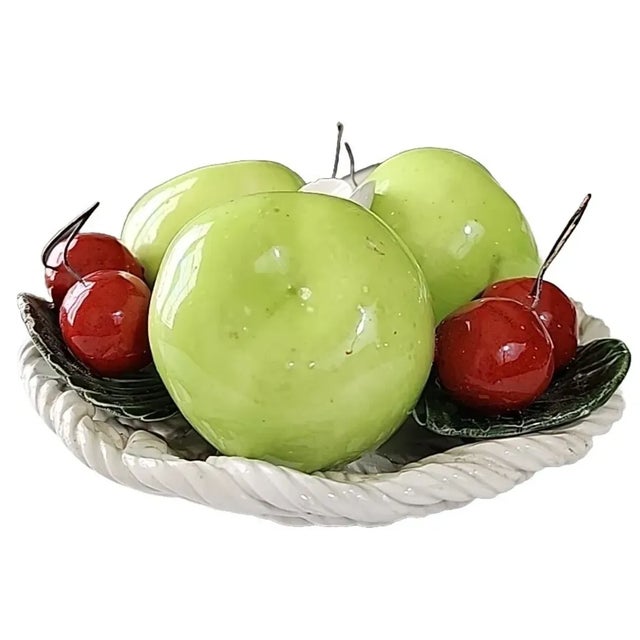 Realism Vintage Italian Porcelain Ceramic Woven Basket of Green Apples and Cherries For Sale - Image 3 of 5