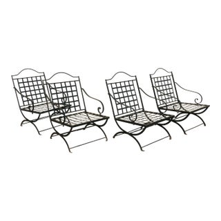 Vintage Set of Four French Wrought Iron Folding Patio Chairs by Hervé Baume | Outdoor Garden Armchairs | France 1970s For Sale