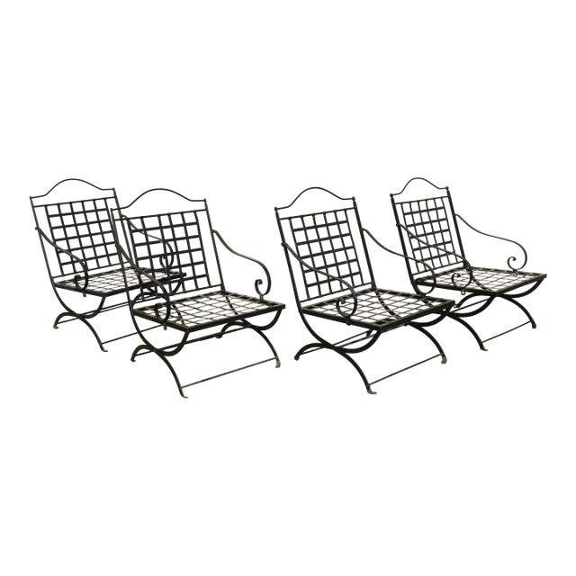 Vintage Set of Four French Wrought Iron Folding Patio Chairs by Hervé Baume | Outdoor Garden Armchairs | France 1970s For Sale