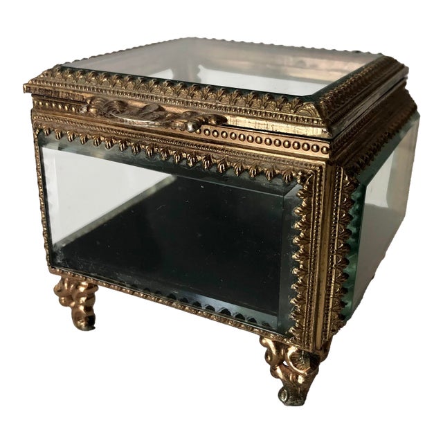 1950s Cut Crystal and Brass Jewelry Box For Sale