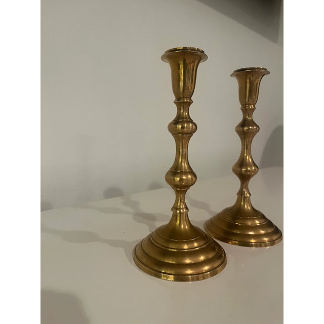 Mediterranean Vintage Brass Candlesticks- a Pair For Sale - Image 3 of 6