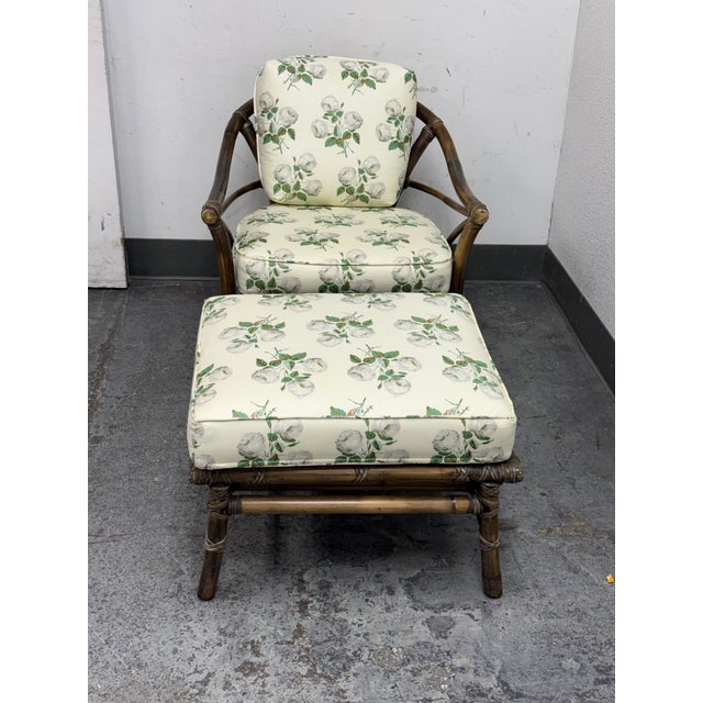 Contemporary McGuire Furniture Bamboo Chair + Ottoman, Circa 1970s For Sale - Image 3 of 12