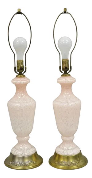 Vintage Mid Century Modern Italian Murano Glass Speckled Pink Table Lamps - a Pair