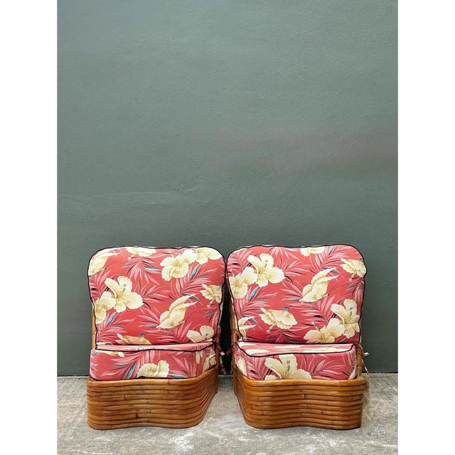 Vintage Stacked Wave Rattan Slipper Chairs After Paul Frankl For Sale - Image 12 of 13