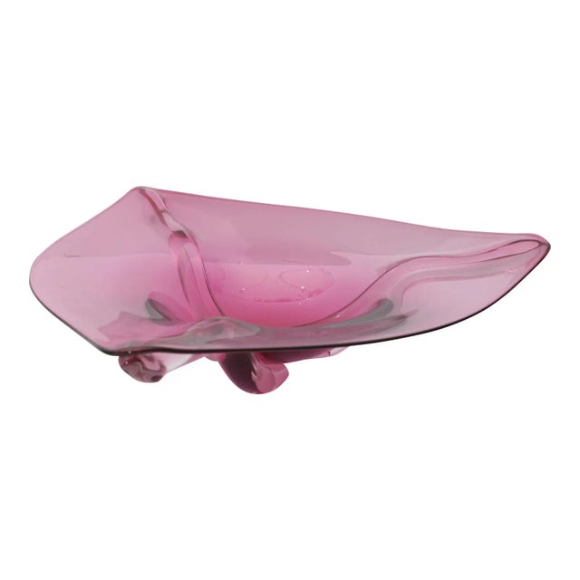 Pink Abstract 16" Dish Purple Pink Glass Signed For Sale - Image 8 of 9