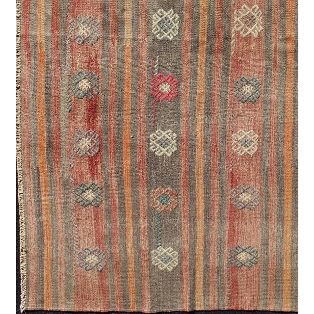 Contemporary Colorful Vintage Hand Woven Turkish Flat-Weave Kilim Rug With Striped Geometric Design For Sale - Image 3 of 13