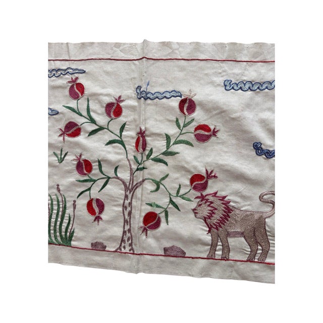 Mid-Century Modern Lion Suzani Wall Hanging, Red Pomegranate For Sale - Image 3 of 6