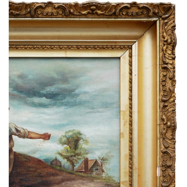 Textile Naturalistic Pastoral Figurative Farm Painting of a Man Sowing Seeds in a Field, Late 19th Century For Sale - Image 7 of 12