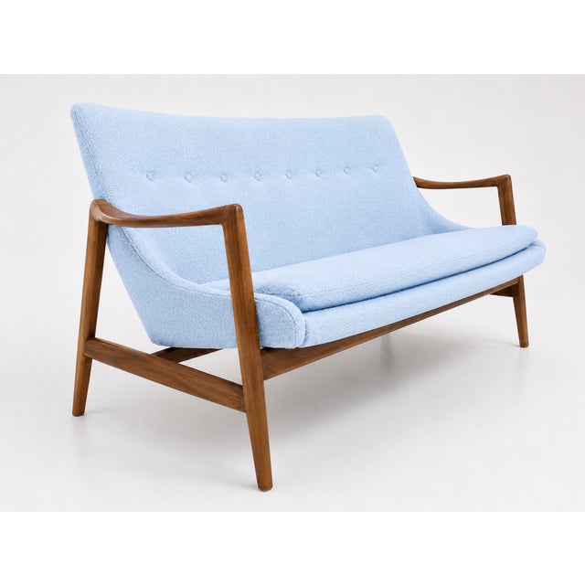 Mid-Century Modern Modern Mid Century Style Sofa Baby Blue Chenille For Sale - Image 3 of 4