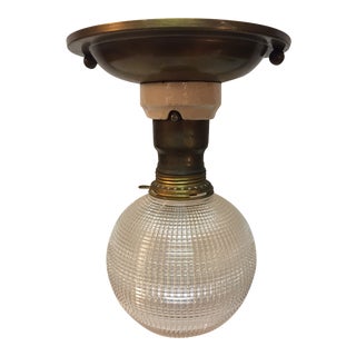 1910s Vintage Holophane Flushmount Waffle Pattern Ball Shade Fixture For Sale