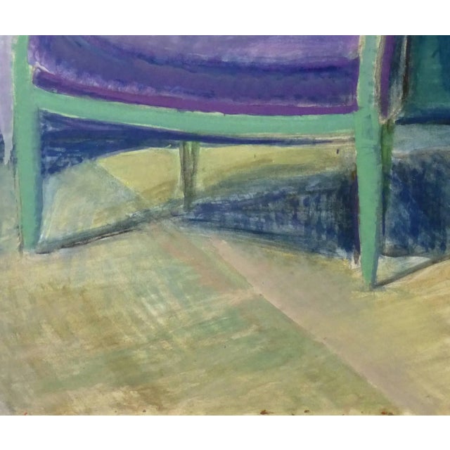 Whimsical painting of a comfy armchair boldly hued in purple and green by franco-japanese artist Kei Mitsuuchi, circa...