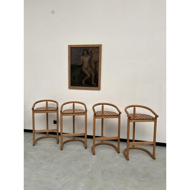 Set consisting of 4 stools made by allmimo, from germany in the 80s. we love their unique look, with their curved shapes...