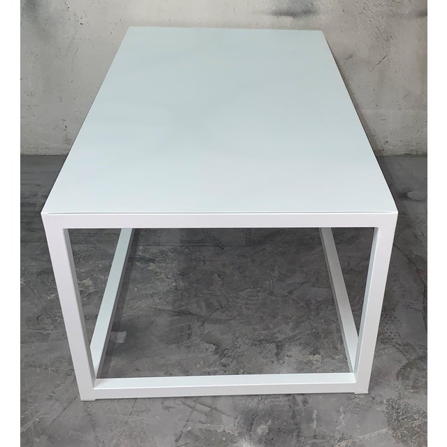 New modern rectangular white table with glass top. Indoor or outdoor. Wrought iron.