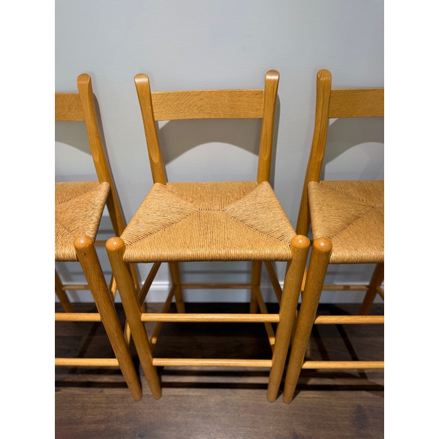 1970s Set of 3 Danish Modern Style Oak Counter Stools With Rush Seats For Sale - Image 4 of 15