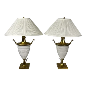 Pair of Neoclassical Style White Ceramic Table Lamps With Bronze and Brass Accents