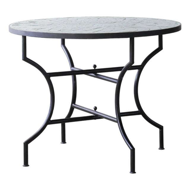 Matthew Izzo Home Moroccan Zellige Tamegroute Green Tile and Iron X Base 40" Round Bistro Table For Sale