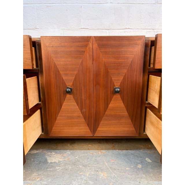Mid 20th Century Modern American of Martinsville Walnut "Diamond" Triple Lowboy Dresser For Sale - Image 15 of 16