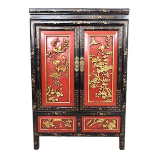 Fine Chinese Black, Red and Gold Hand Carved Cherry Blossom Multi Panel Wood Cabinet or Cupboard For Sale