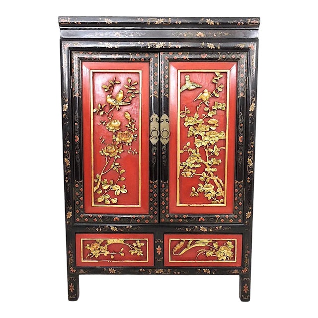 Fine Chinese Black, Red and Gold Hand Carved Cherry Blossom Multi Panel Wood Cabinet or Cupboard For Sale