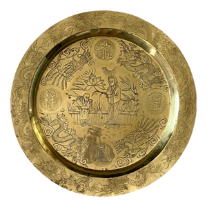 Vintage Solid Brass Guanyin Goddess of Mercy Round Tray With Engravings, Wall Hanging or Table Top
