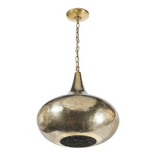 Mid-Century Teardrop Form Antique Brass Pendant W/ Pierced Detailing Chandelier For Sale