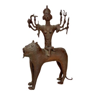 Antique Bronze Hindu Durga Goddess on Tiger Sculpture For Sale