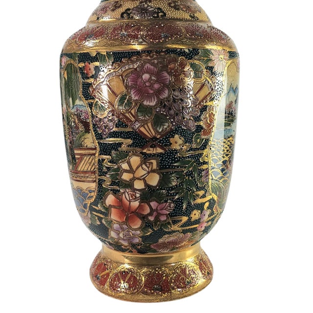 Japanese Vintage Moriage Satsuma Gold Embellished Polychrome Temple Vase, Porcelain, 14" For Sale - Image 3 of 12