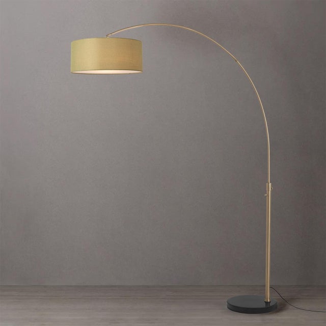 Mid-Century Modern 1960s Adjustable Morelli Linen Floor Lamp - Mid Century Modern Arc Lamp, Weathered Brass, Black Marble Base, Avocado Linen Shade For Sale - Image 3 of 4