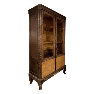 Antique Art Deco Walnut Vitrine Cabinet with Glass Doors, Europe, 1920s For Sale