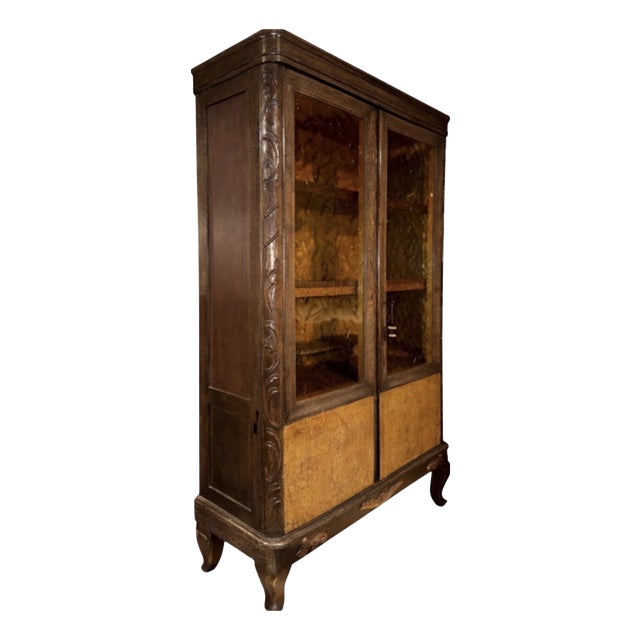 Antique Art Deco Walnut Vitrine Cabinet with Glass Doors, Europe, 1920s For Sale