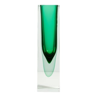 Hand Blown Murano Vase With Square Base in Emerald Green For Sale