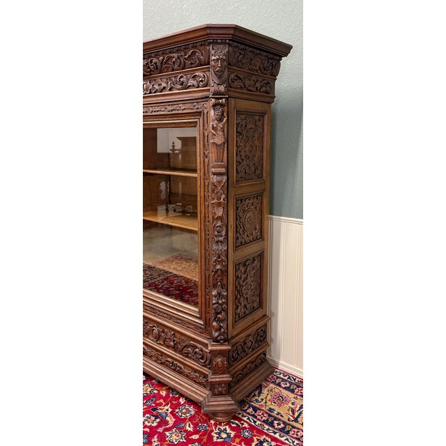 Antique French Renaissance Revival Bookcase Cabinet Side Doors Oak C. 1880s For Sale - Image 4 of 18