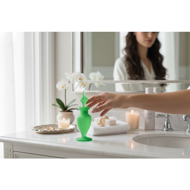 1920s Tippin Vaseline Green Satin Glass Perfume Bottle “Milady” #15020 For Sale In Charlotte - Image 6 of 6