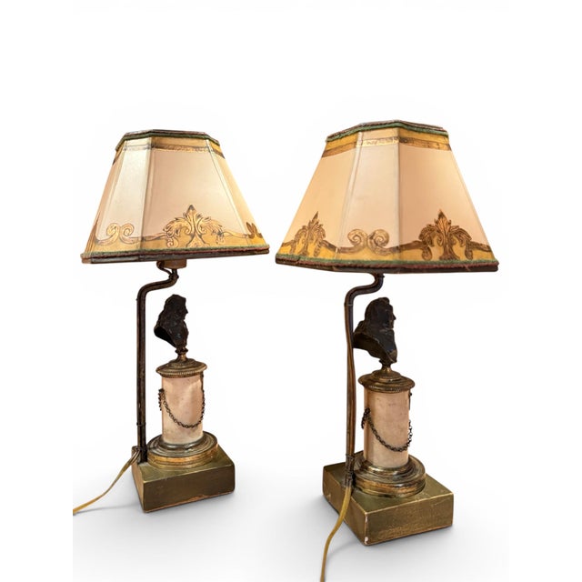 Pair of 18th Century French Bronze and Marble Statuette Miniature Lamps For Sale - Image 4 of 6