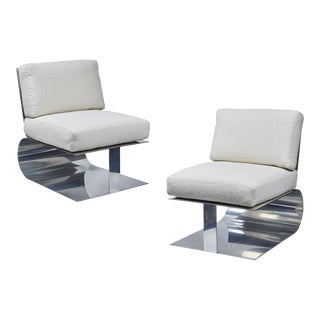Contemporary Custom Polished Aluminum & Boucle Lounge Chairs - a Pair For Sale