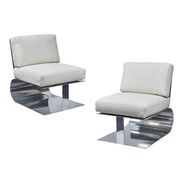 Contemporary Custom Polished Aluminum & Boucle Lounge Chairs - a Pair For Sale