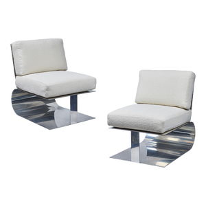 Contemporary Custom Polished Aluminum & Boucle Lounge Chairs - a Pair