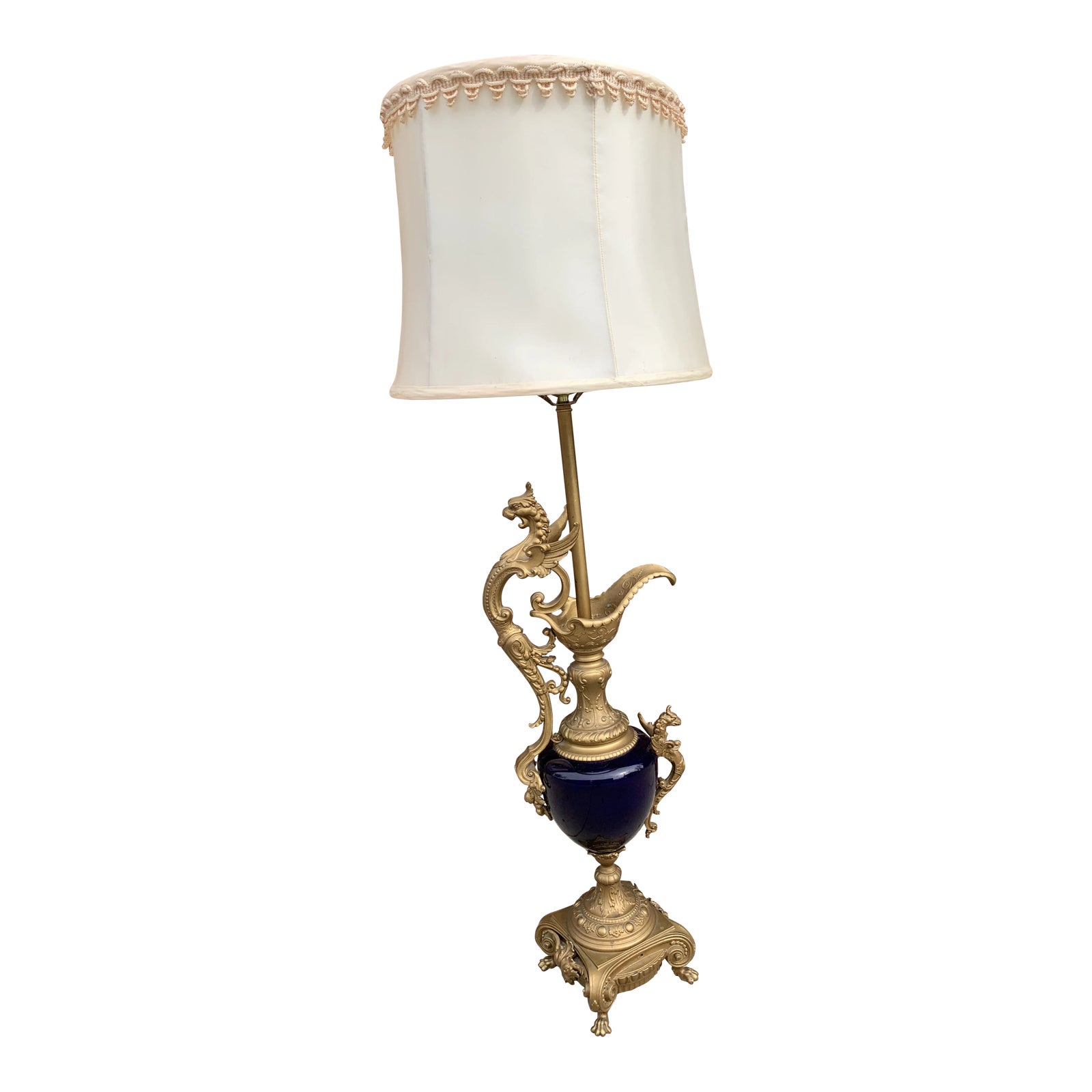 Antique French Bronze And Cobalt Blue Urn Table Lamp With Shade