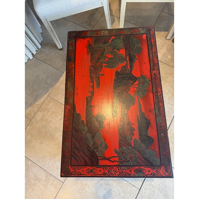 Wonderful Chinese Red Lacquered Cocktail Table with exquisite and intricate hand painting and carving in beautiful...