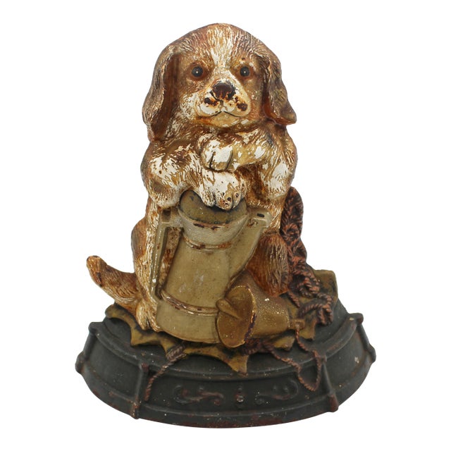 Circa 1900 English Cast Iron Painted Dog Doorstop For Sale