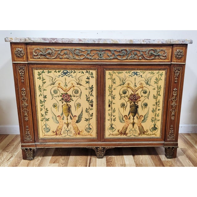 Vintage French Style Hand Painted Marble Top Buffet Server Bar For Sale - Image 10 of 16