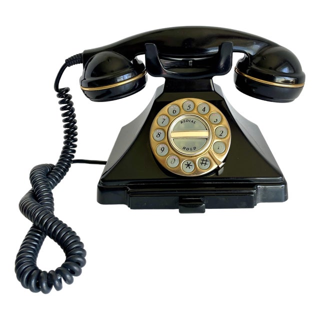 Vintage-Inspired Rotary Style Black Desk Telephone With Brass Dial For Sale