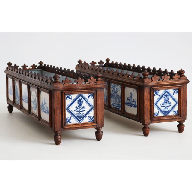 19th Century Dutch Planters with Delft Tiles Oak, 1650, Set of 2 For Sale - Image 12 of 18
