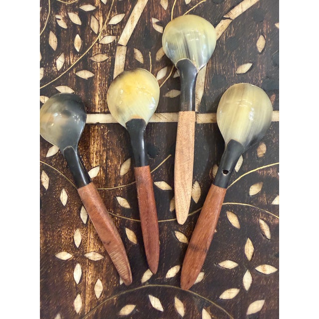 Wood Hand Carved Teak Handle Horn Spoons Set of 4 For Sale - Image 7 of 11